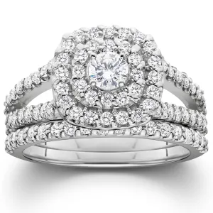 1 1/10ct Diamond Cushion Halo Engagement Wedding Ring Set Platinum