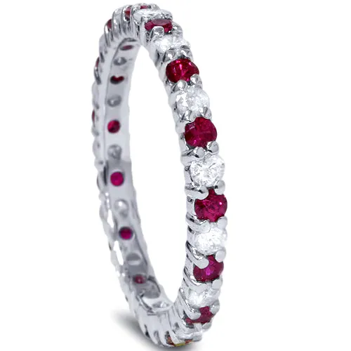 1 1/2ct Garnet Diamond Eternity Ring 14k White Gold