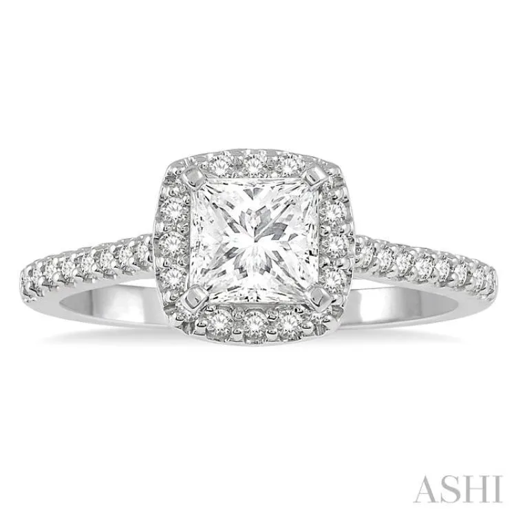 1 ctw Cushion Shape Round Cut Diamond Engagement Ring With 3/4 Princess Cut Center Stone in 14K White Gold