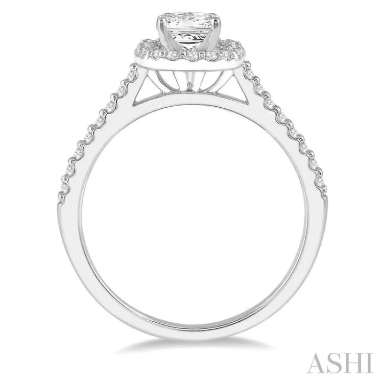 1 ctw Cushion Shape Round Cut Diamond Engagement Ring With 3/4 Princess Cut Center Stone in 14K White Gold