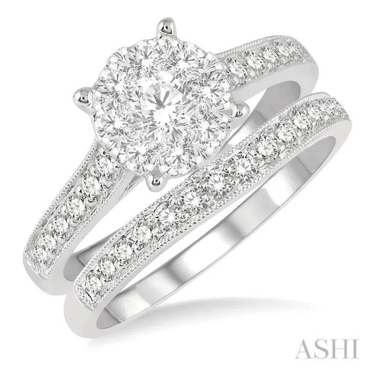 1 Ctw Diamond Wedding Set with 3/4 Ctw Lovebright Round Cut Engagement Ring and 1/4 Ctw Wedding Band in 14K White Gold