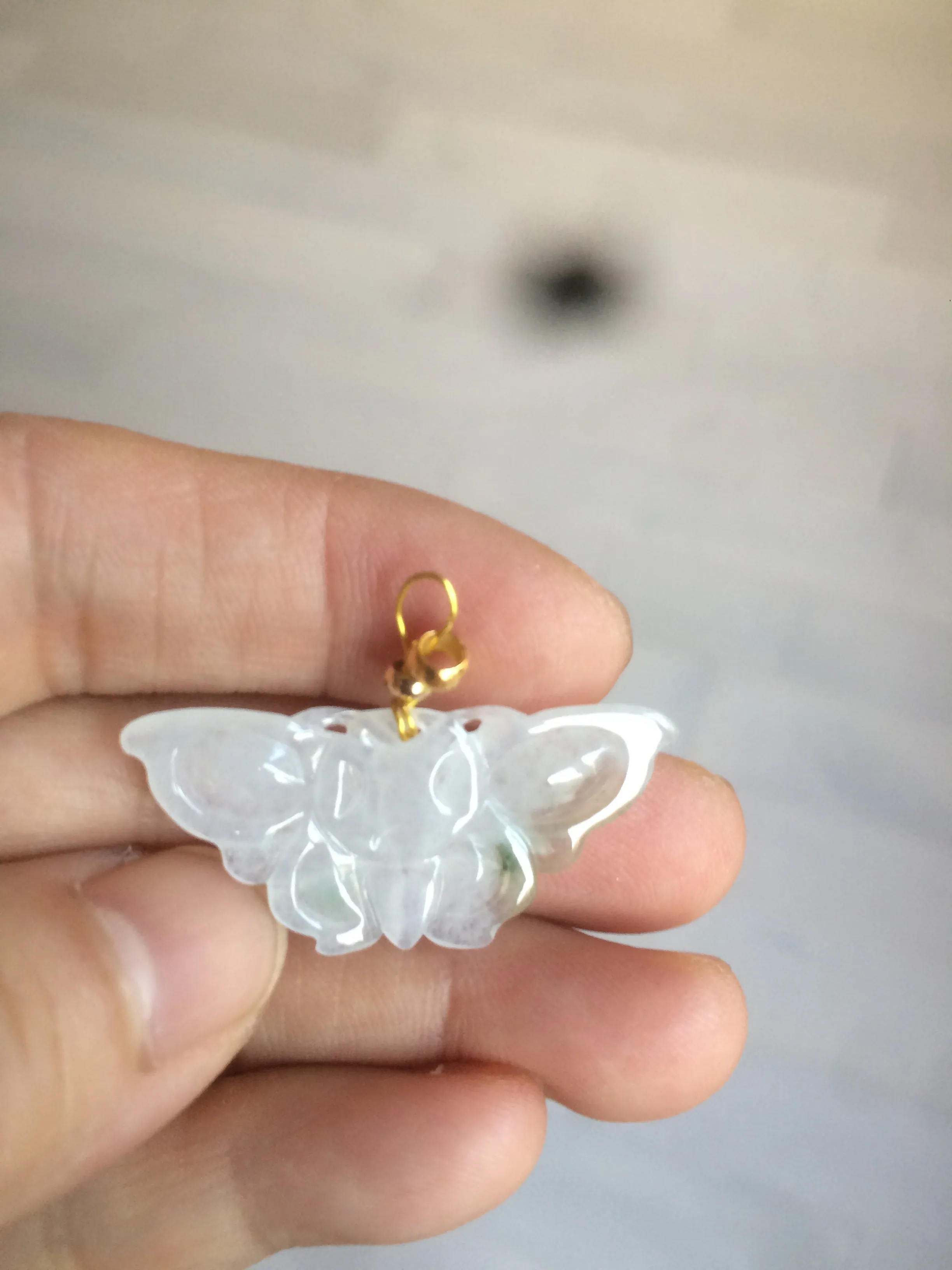 100% Natural icy watery light green/white 3D Jadeite Jade butterfly pendant AF16