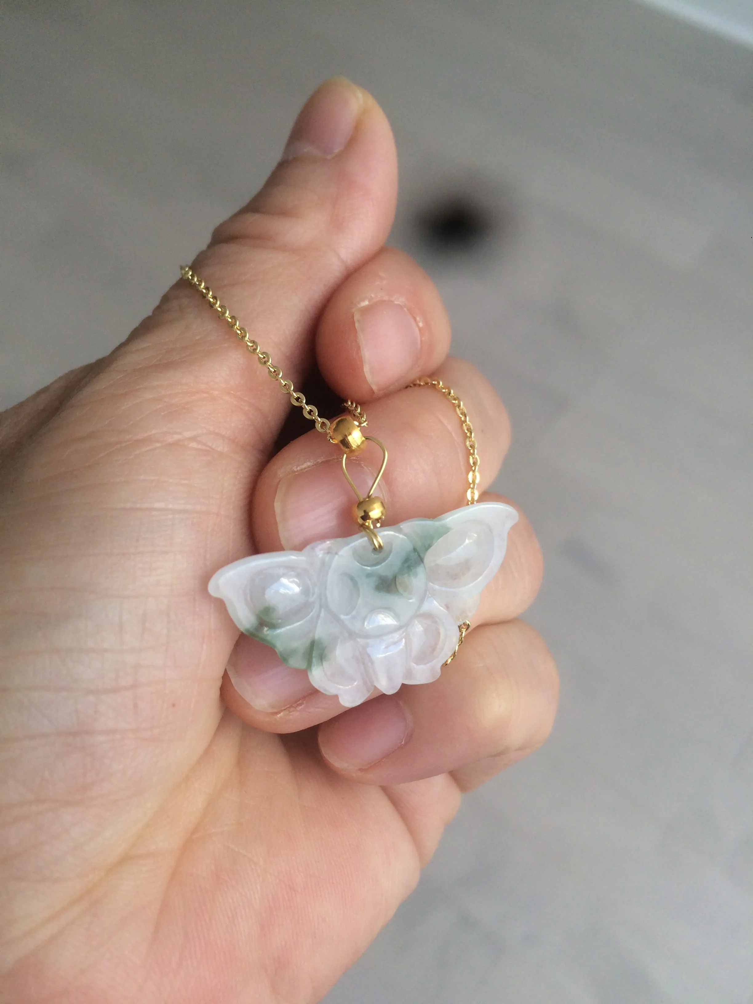 100% Natural icy watery light green/white 3D Jadeite Jade butterfly pendant AF16