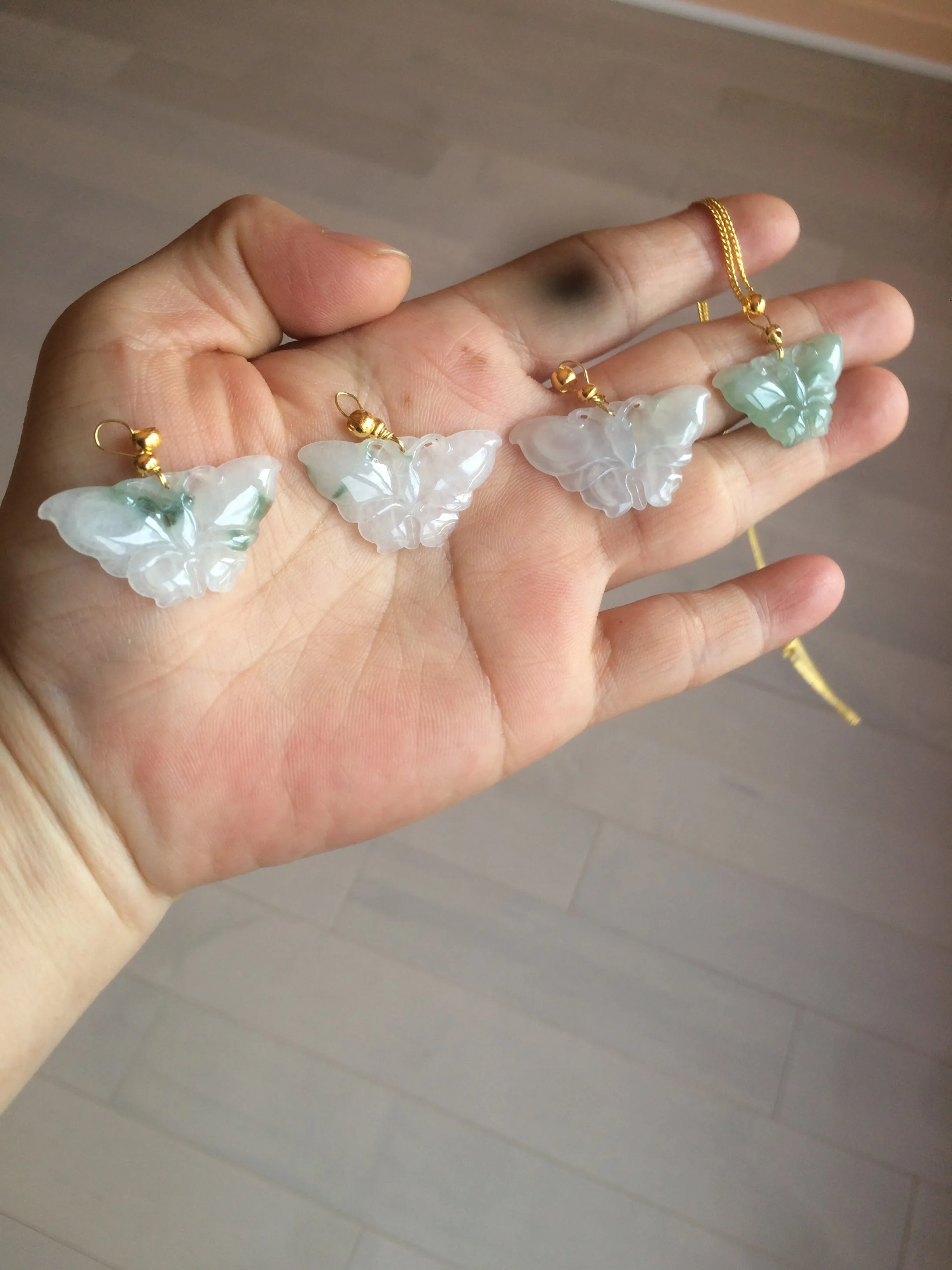 100% Natural icy watery light green/white 3D Jadeite Jade butterfly pendant AF16