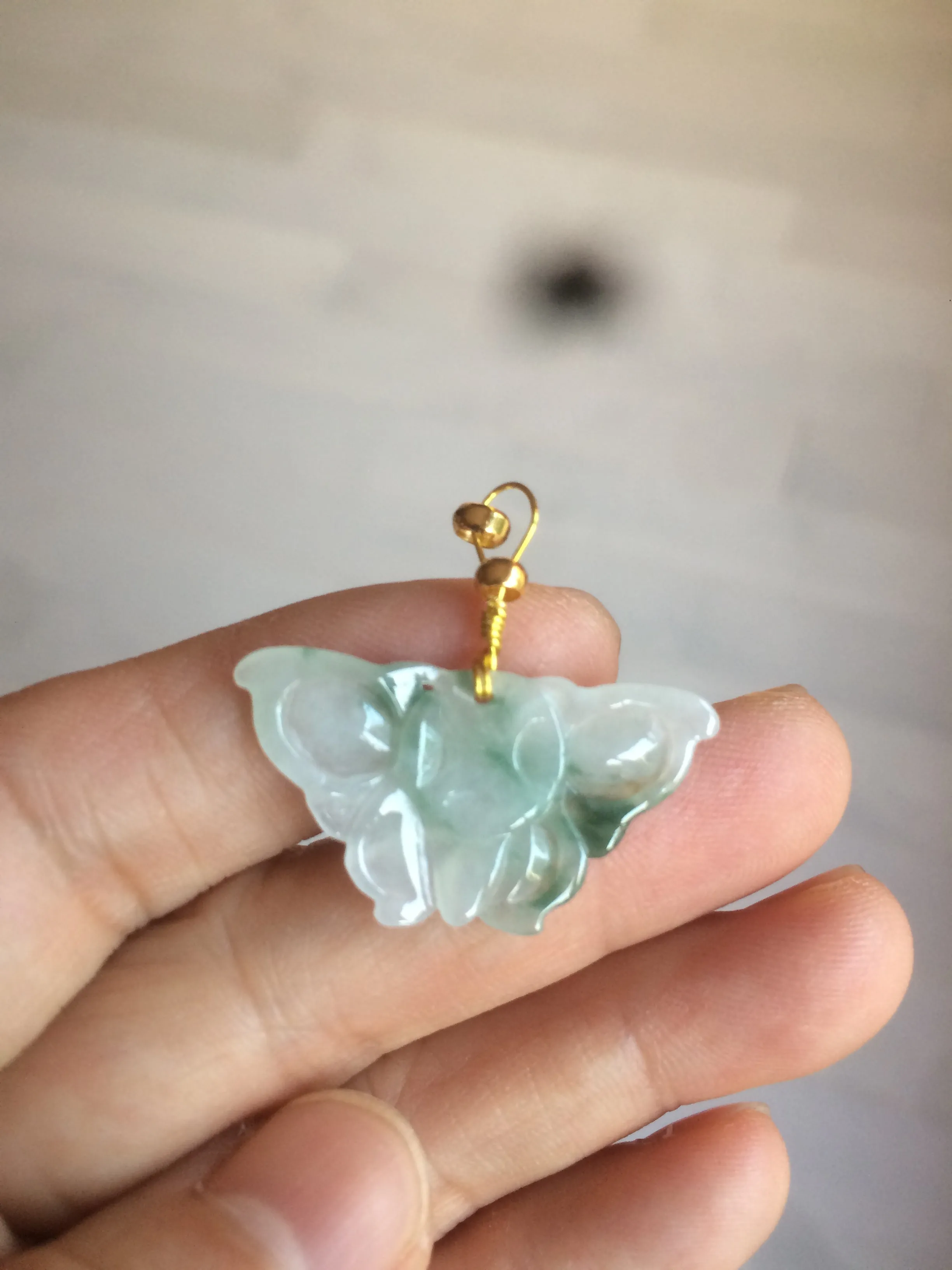 100% Natural icy watery light green/white 3D Jadeite Jade butterfly pendant AF16