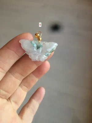 100% Natural icy watery light green/white 3D Jadeite Jade butterfly pendant AF16