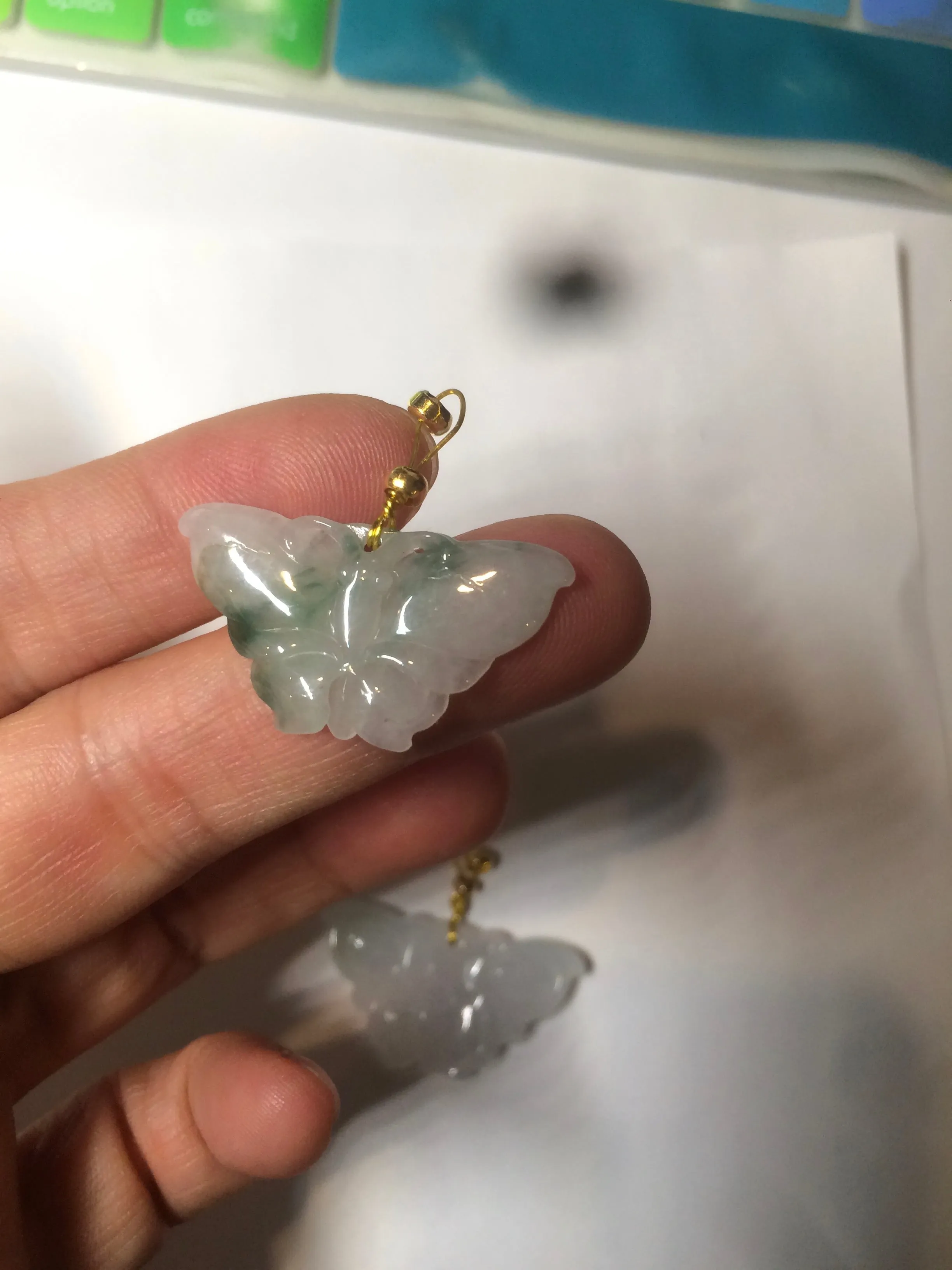 100% Natural icy watery light green/white 3D Jadeite Jade butterfly pendant AF16