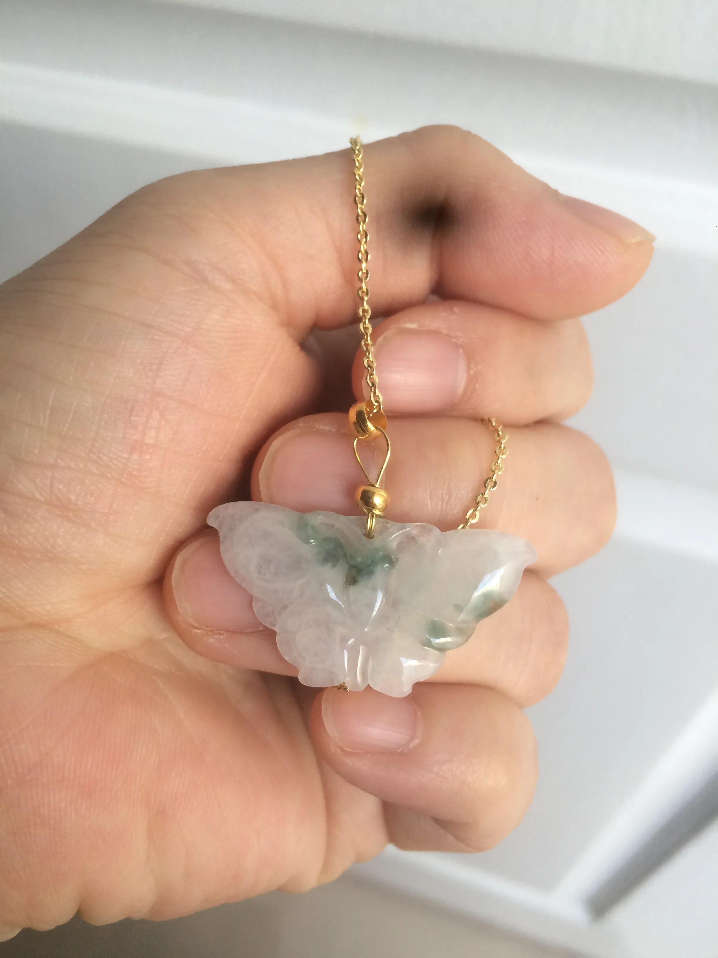 100% Natural icy watery light green/white 3D Jadeite Jade butterfly pendant AF16