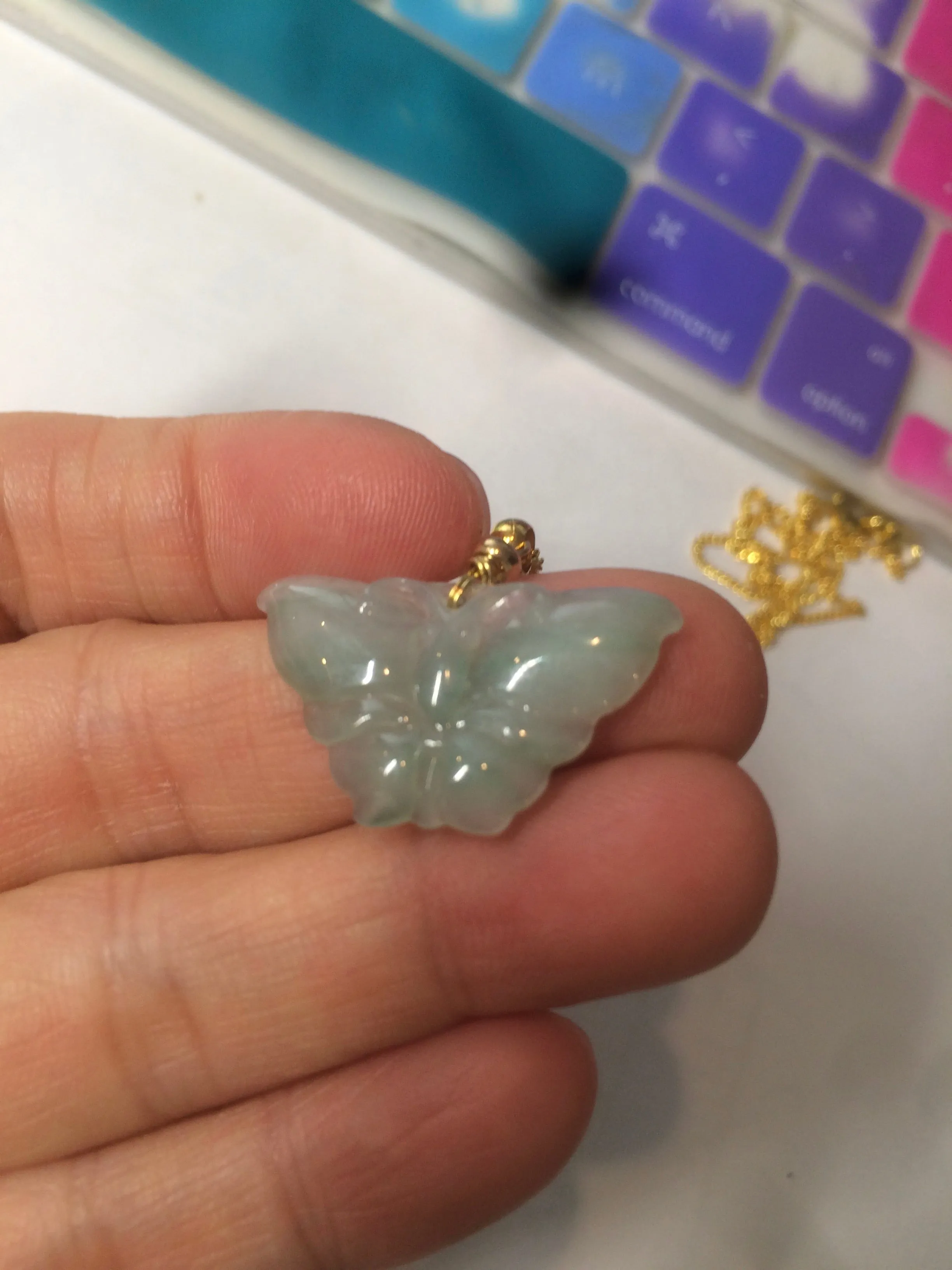 100% Natural icy watery light green/white 3D Jadeite Jade butterfly pendant AF16