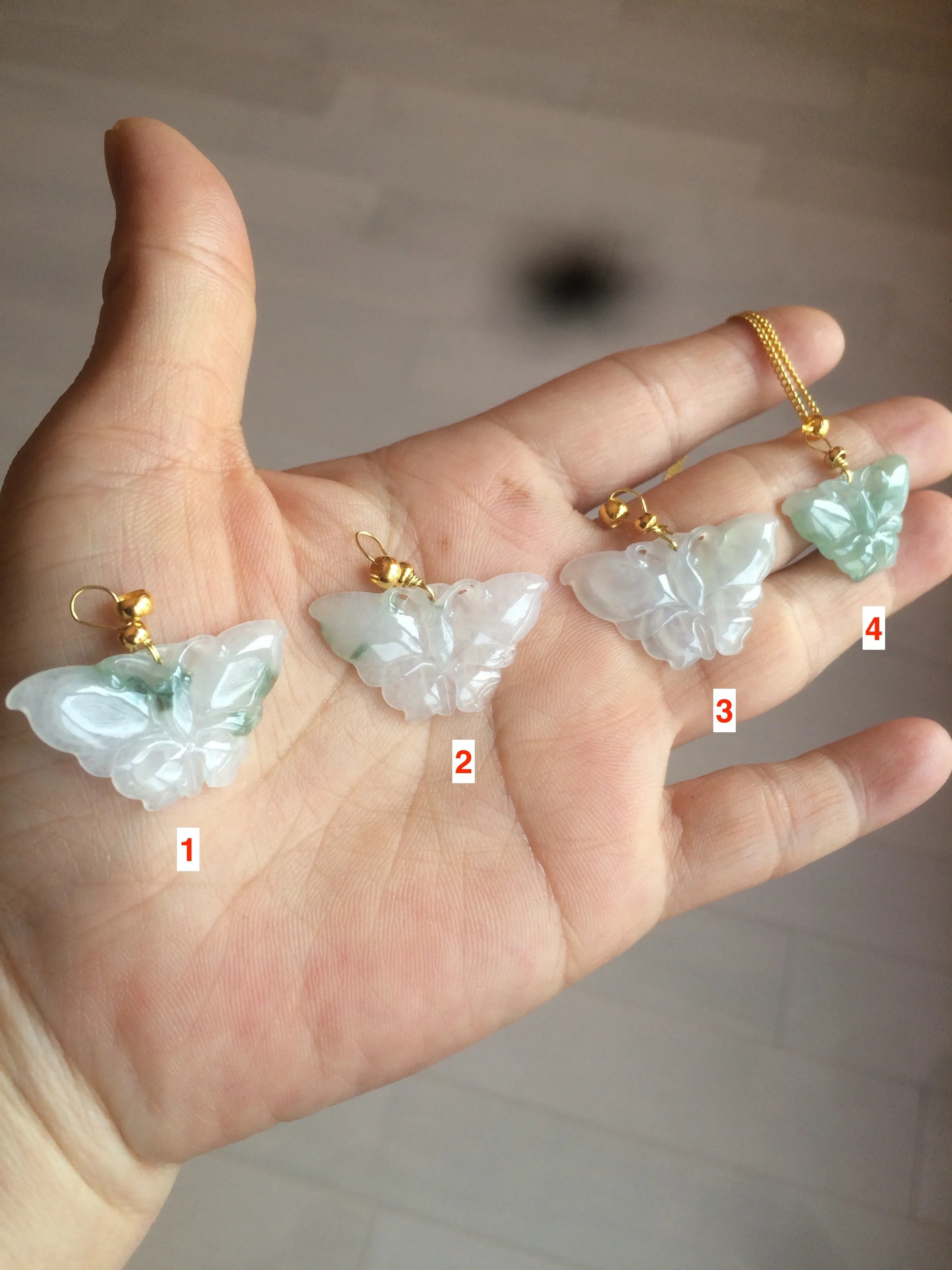 100% Natural icy watery light green/white 3D Jadeite Jade butterfly pendant AF16