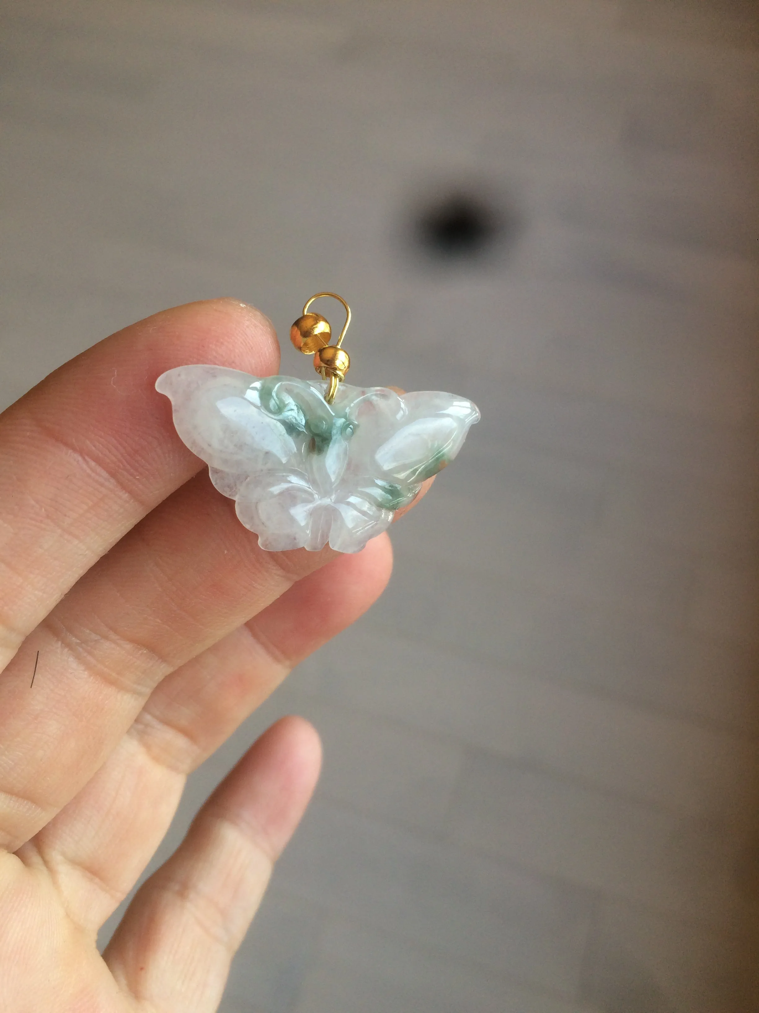 100% Natural icy watery light green/white 3D Jadeite Jade butterfly pendant AF16