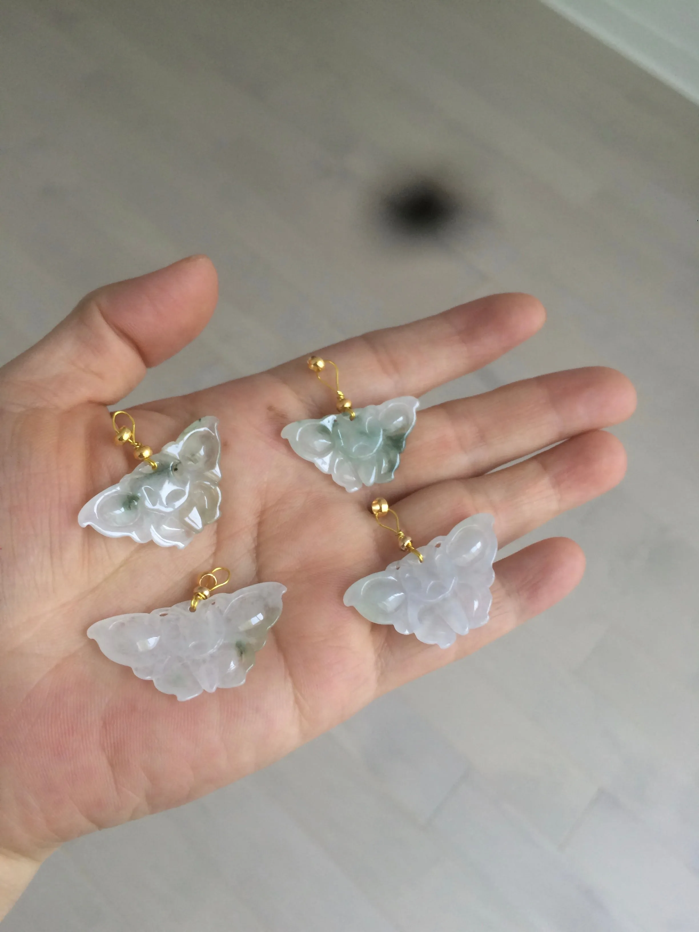 100% Natural icy watery light green/white 3D Jadeite Jade butterfly pendant AF16