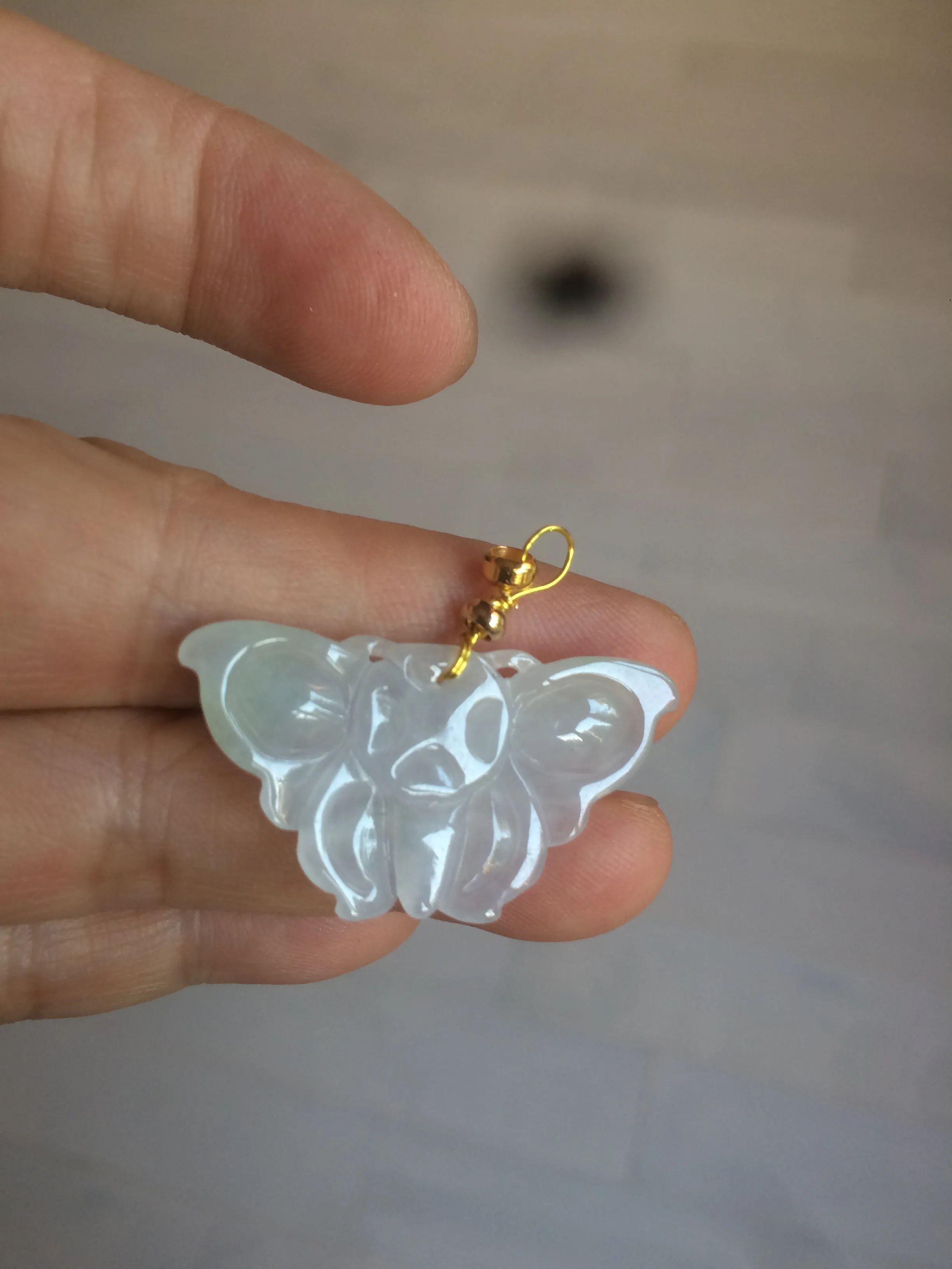 100% Natural icy watery light green/white 3D Jadeite Jade butterfly pendant AF16