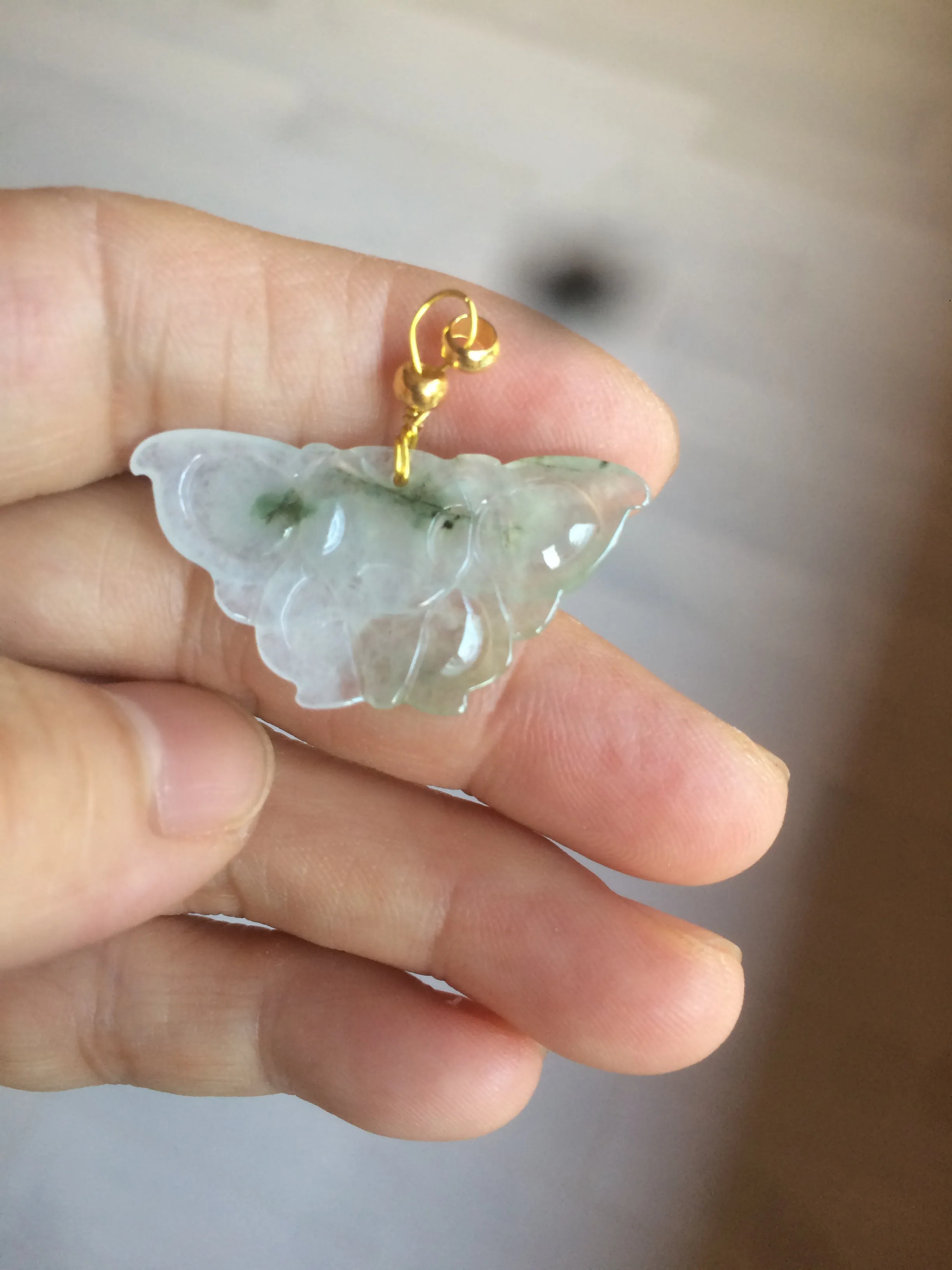 100% Natural icy watery light green/white 3D Jadeite Jade butterfly pendant AF16