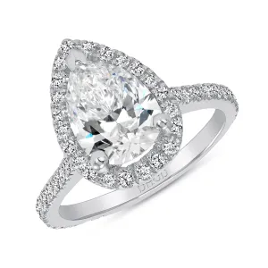 14K Gold Diamond Halo Ring with 1.50 ct Pear Forever One Moissanite Engagement Ring