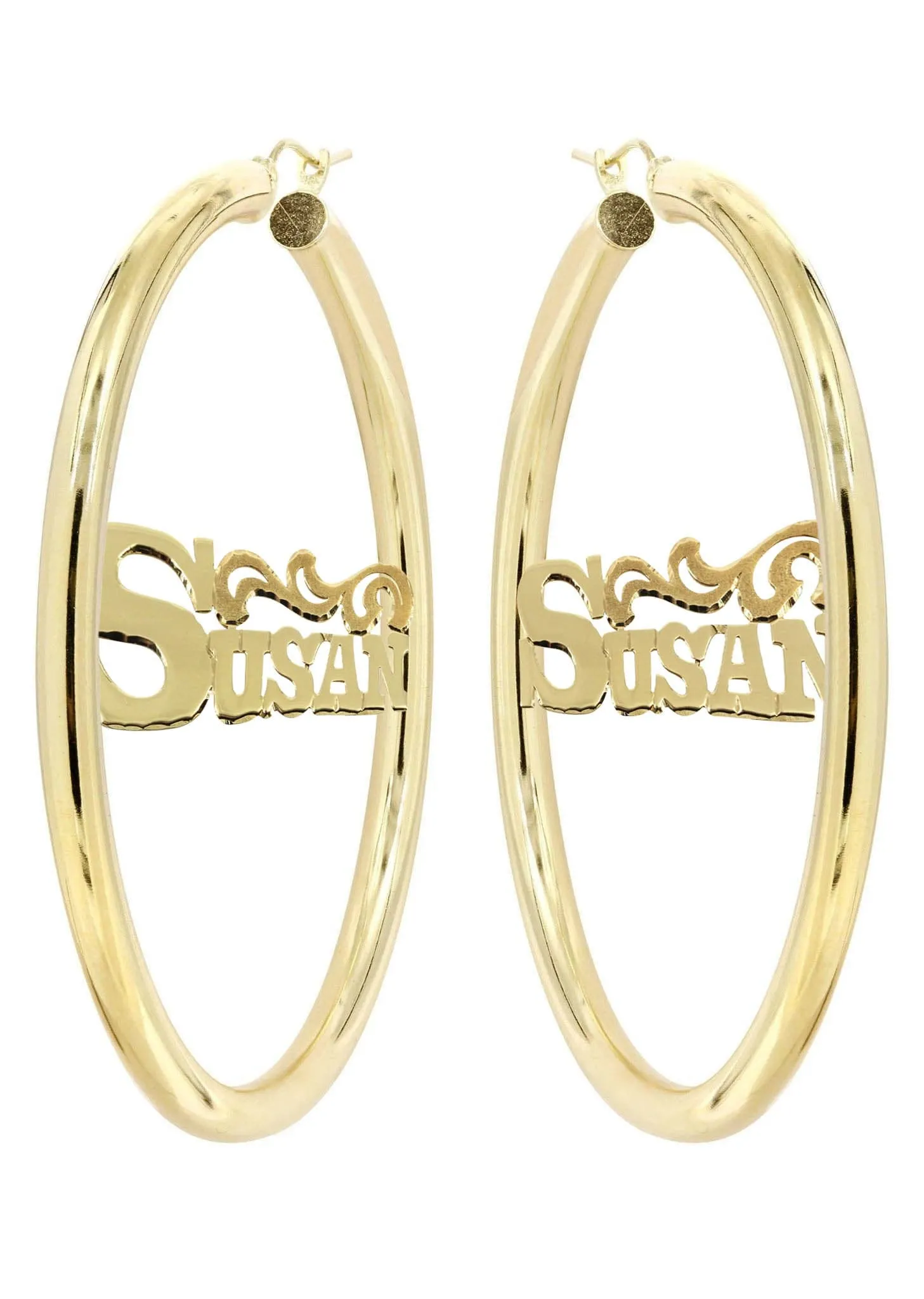 14K Ladies Name Diamond Cut Name Plate Hoop Earrings