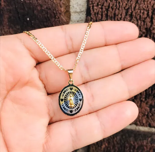 14K Real Gold Filled Virgen de Guadalupe Necklace Pendant 18” 20x14mm Tri-color / Dije y Cadena de la Virgencita de Guadalupe