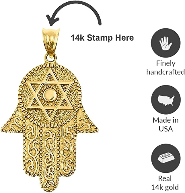 14k Solid Yellow Gold Hamsa Hand with Star of David Pendant Necklace