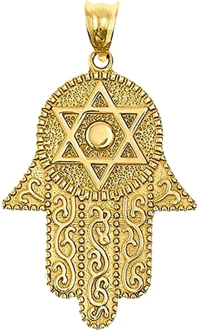 14k Solid Yellow Gold Hamsa Hand with Star of David Pendant Necklace