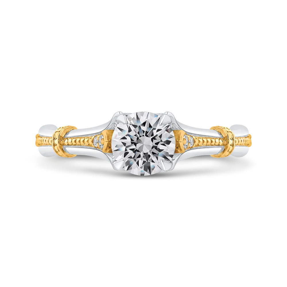 14K Two Tone Gold Round Diamond Floral Engagement Ring