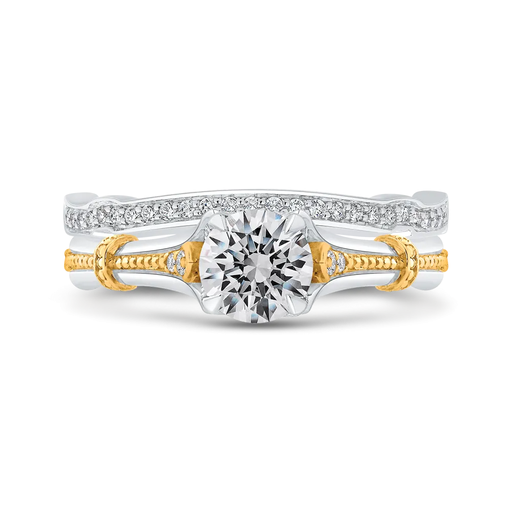 14K Two Tone Gold Round Diamond Floral Engagement Ring