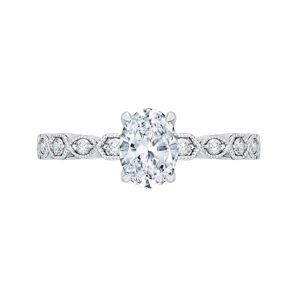 14K White Gold Oval Diamond Floral Engagement Ring (Semi Mount)