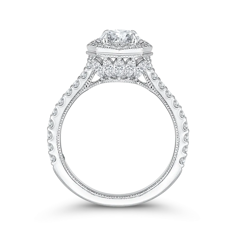 14K White Gold Round Cut Diamond Octagon Shape Halo Engagement Ring (Semi Mount)