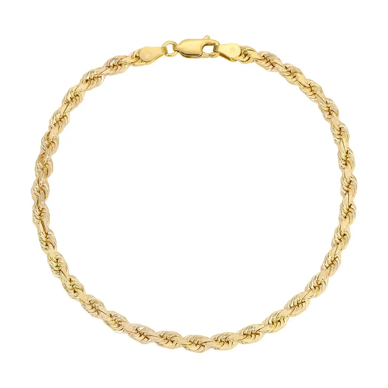 14K Yellow 2.00mm-5.00mm Diamond CUT Hollow ROPE Bracelets