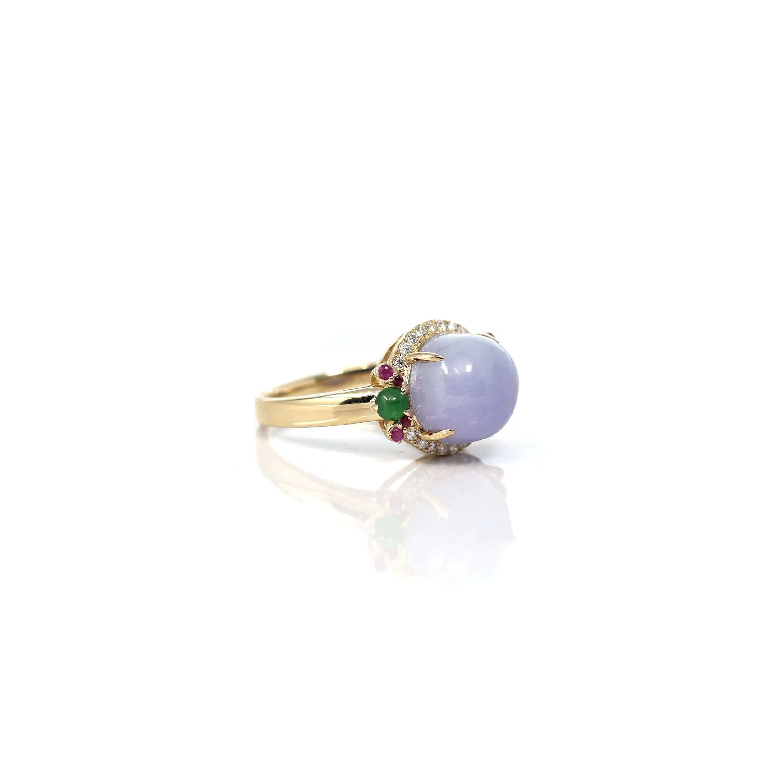 14k Yellow Gold Natural Rich Lavender Oval Jadeite Jade Engagement Ring With Diamonds