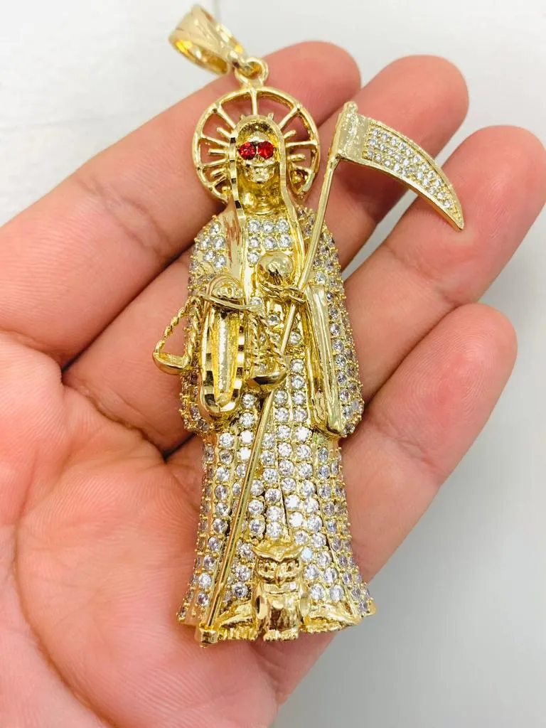 18K Gold Filled CZ Santa Muerte Pendant for Womens, Mexican Pendant 3.25x1.6" 30g