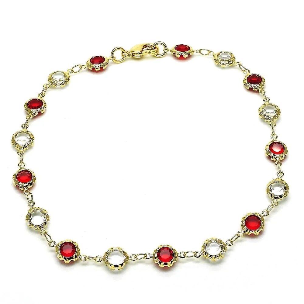 18K Gold Filled High Polish Finsh Gold Crystal Red and White Round Anklet 10