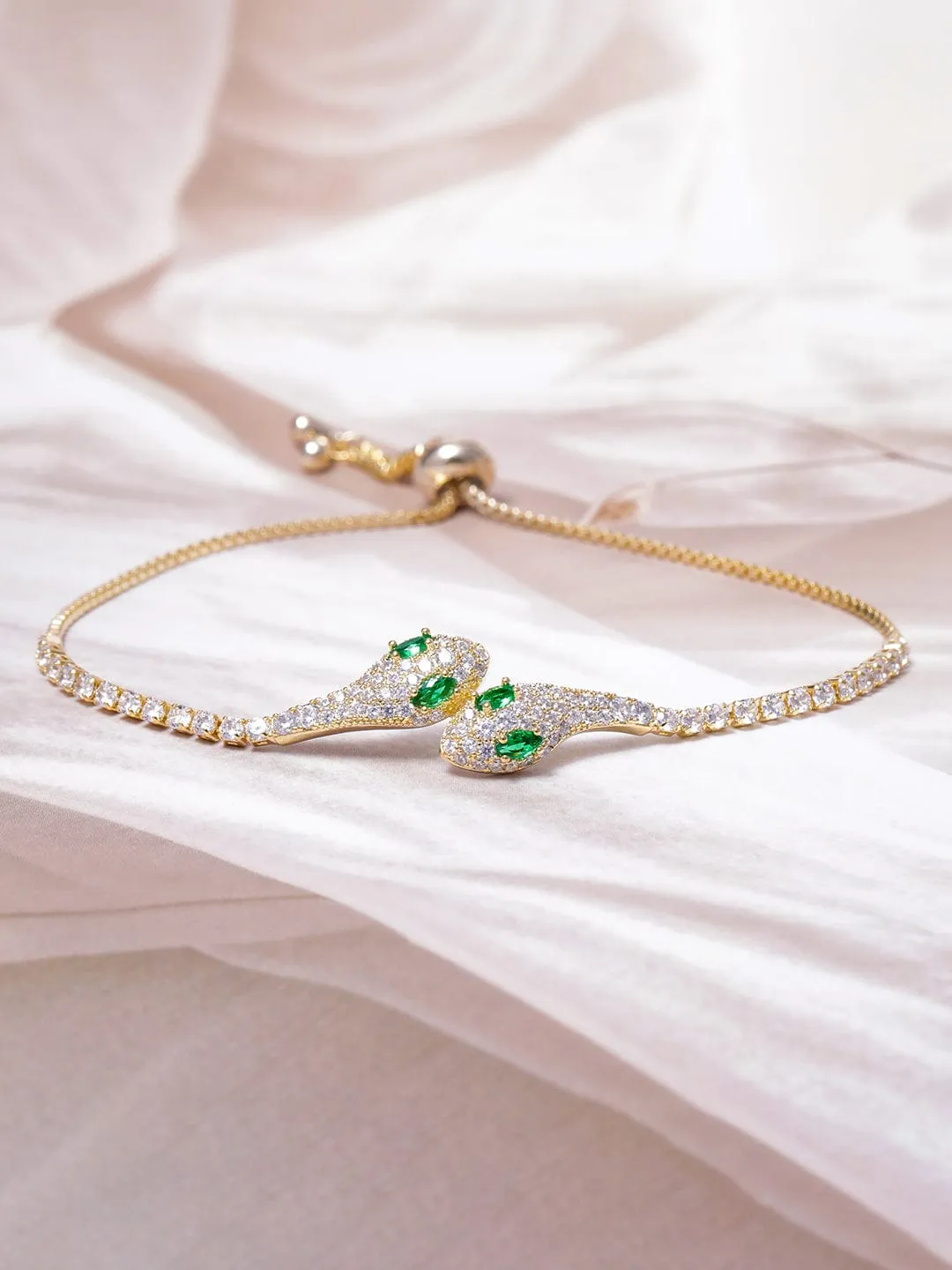 18K Gold Plated Emerald & Cubic Zirconia Studded Snake Design Bracelet