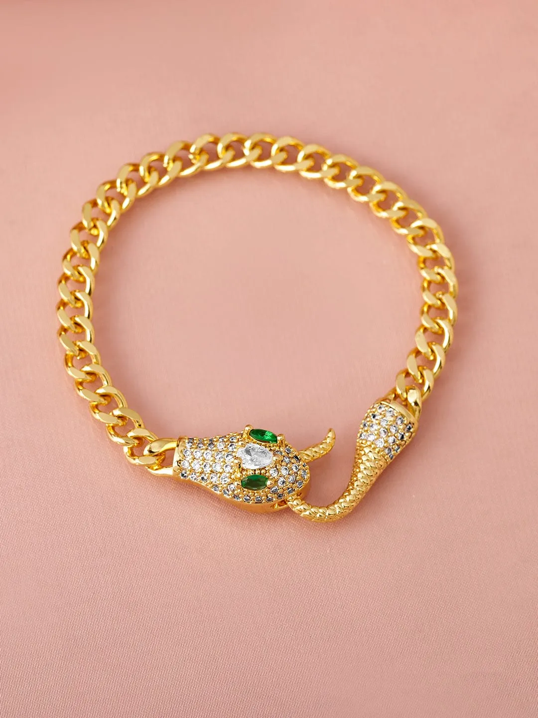 18K Gold-Plated Stainless Steel Tarnish-Free Waterproof Emerald & CZ Snake Bracelet