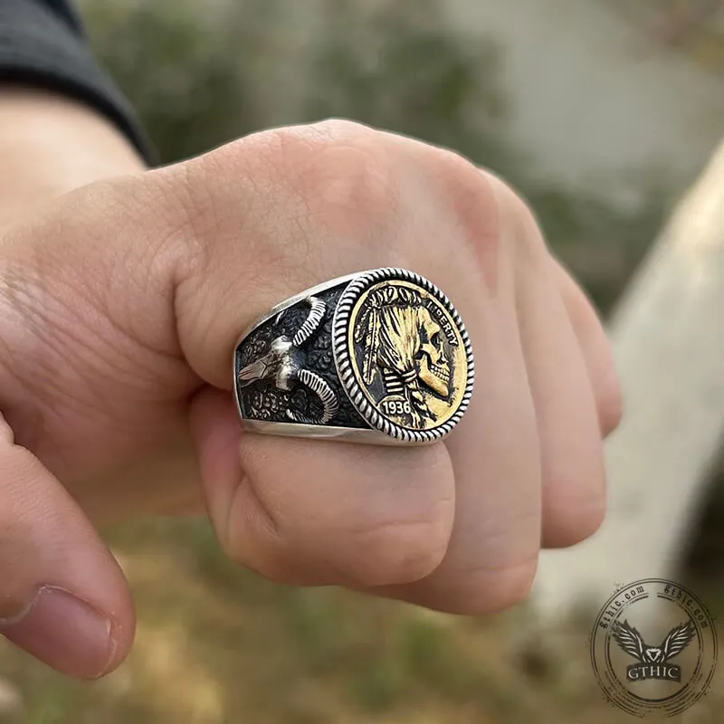 1936 Hobo Nickel Coin Sterling Silver Skull Ring