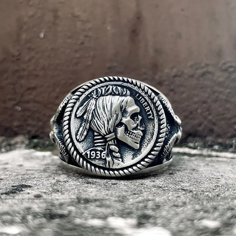 1936 Hobo Nickel Coin Sterling Silver Skull Ring