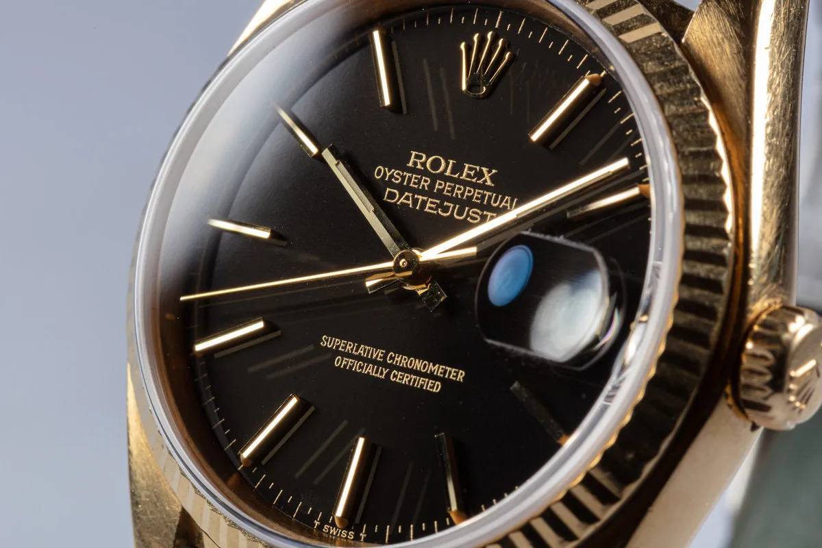 1979 Vintage Rolex 18k DateJust 16018 Black Gilt Dial Box & Papers