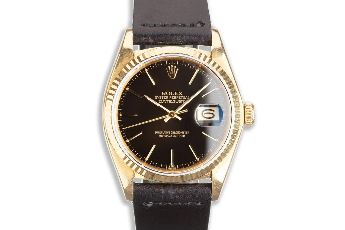 1979 Vintage Rolex 18k DateJust 16018 Black Gilt Dial Box & Papers