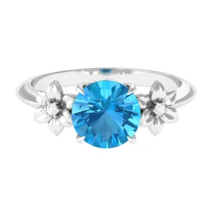 2 CT Round Swiss Blue Topaz Solitaire Flower Engagement Ring with Diamond