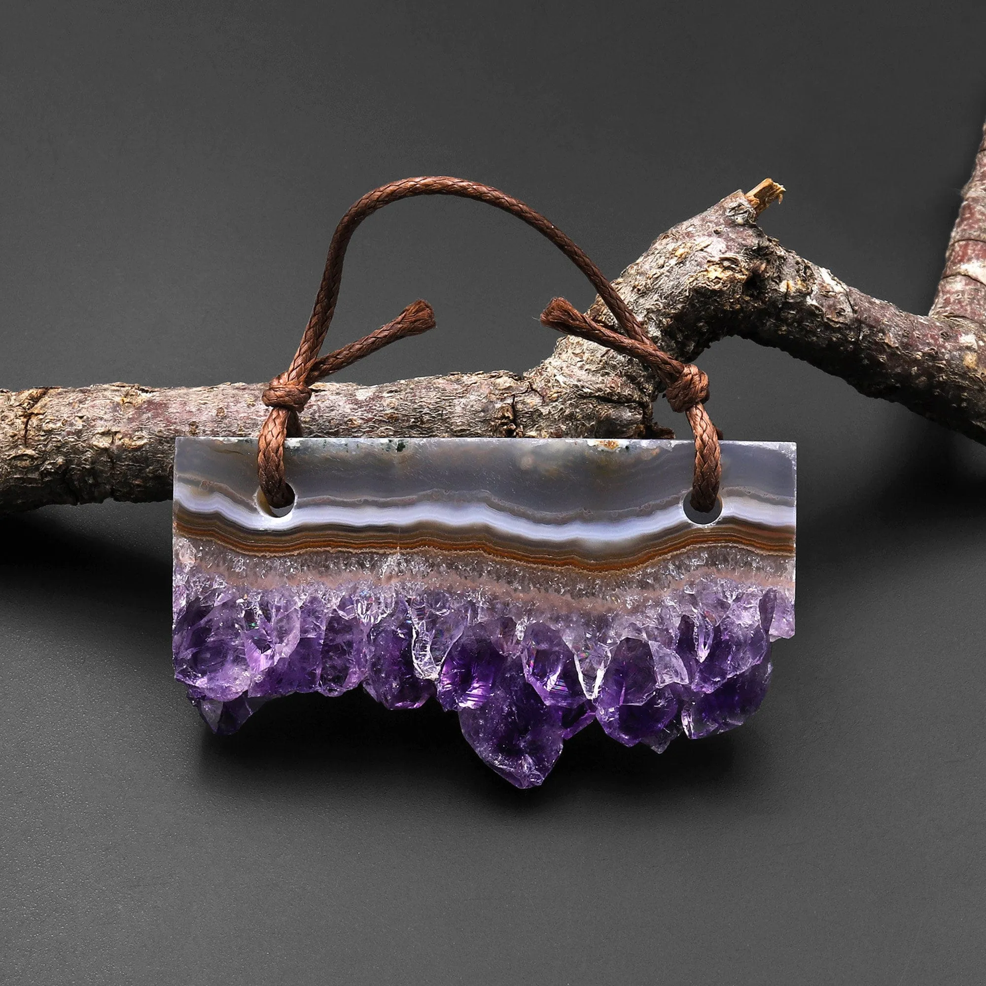 2 Hole Pendant Natural Orange Brown Purple Amethyst Stalactite Druzy Pendant Drilled Flat Slice Long Rectangle