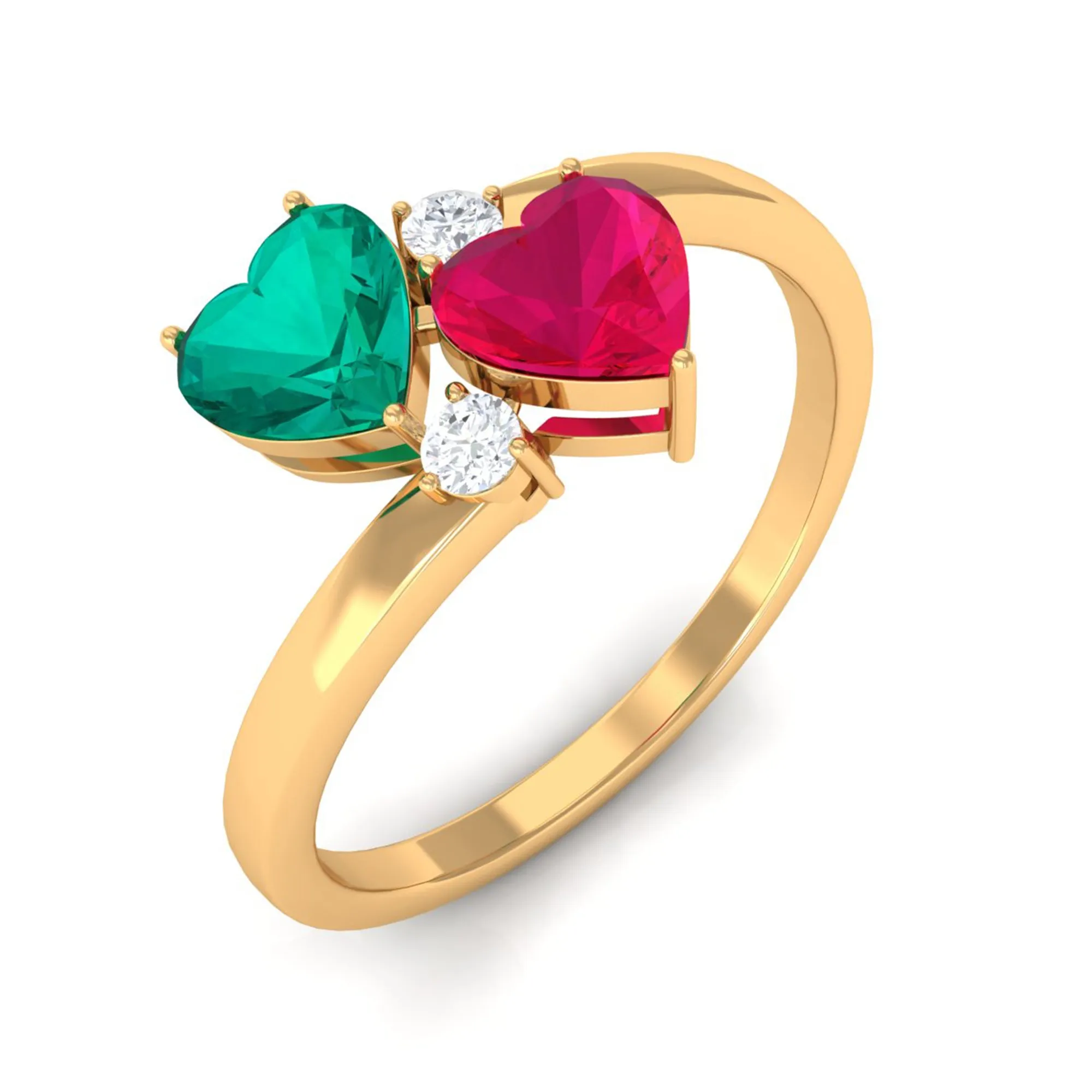 3/4 CT Emerald and Ruby Moi et Toi Heart Engagement Ring with Moissanite