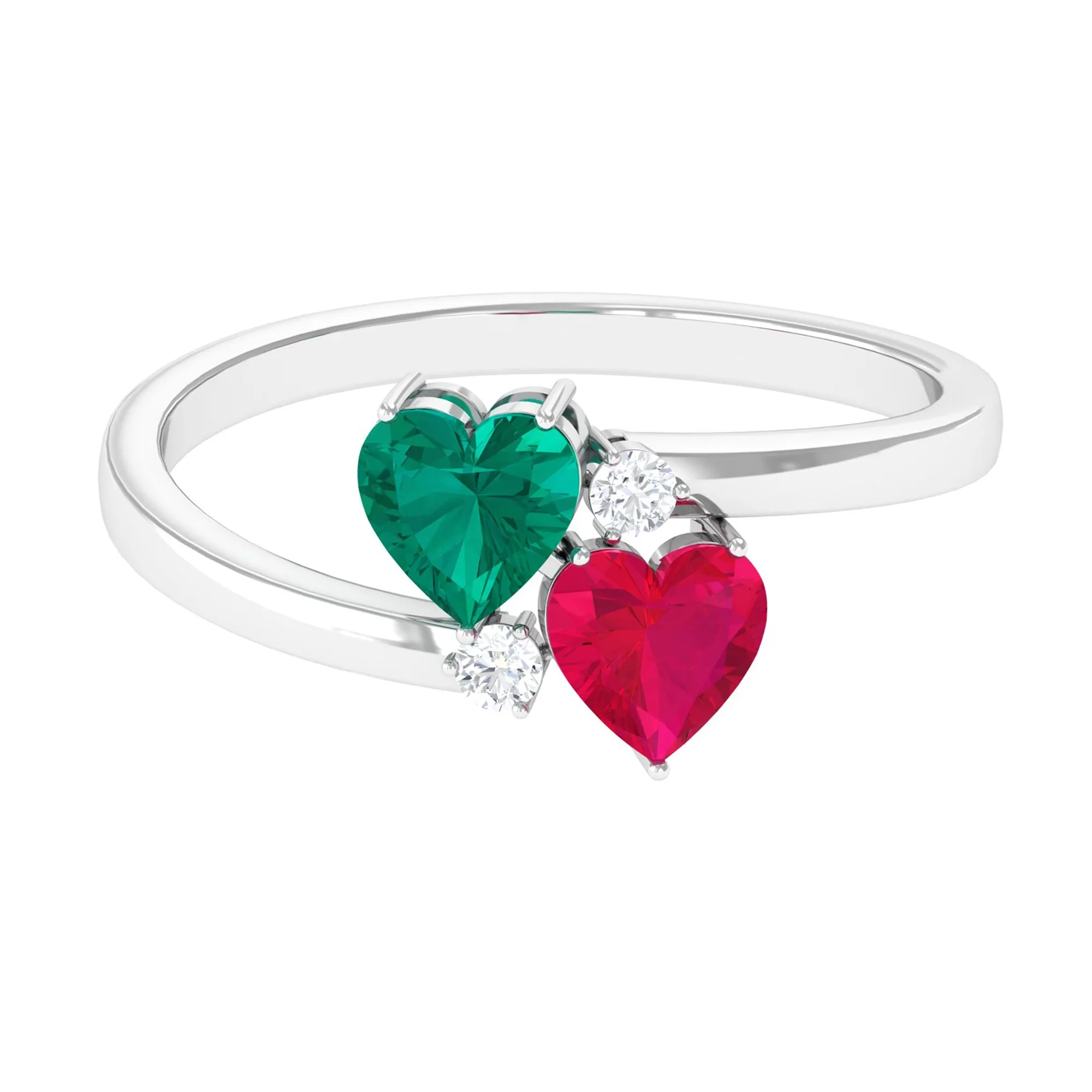 3/4 CT Emerald and Ruby Moi et Toi Heart Engagement Ring with Moissanite