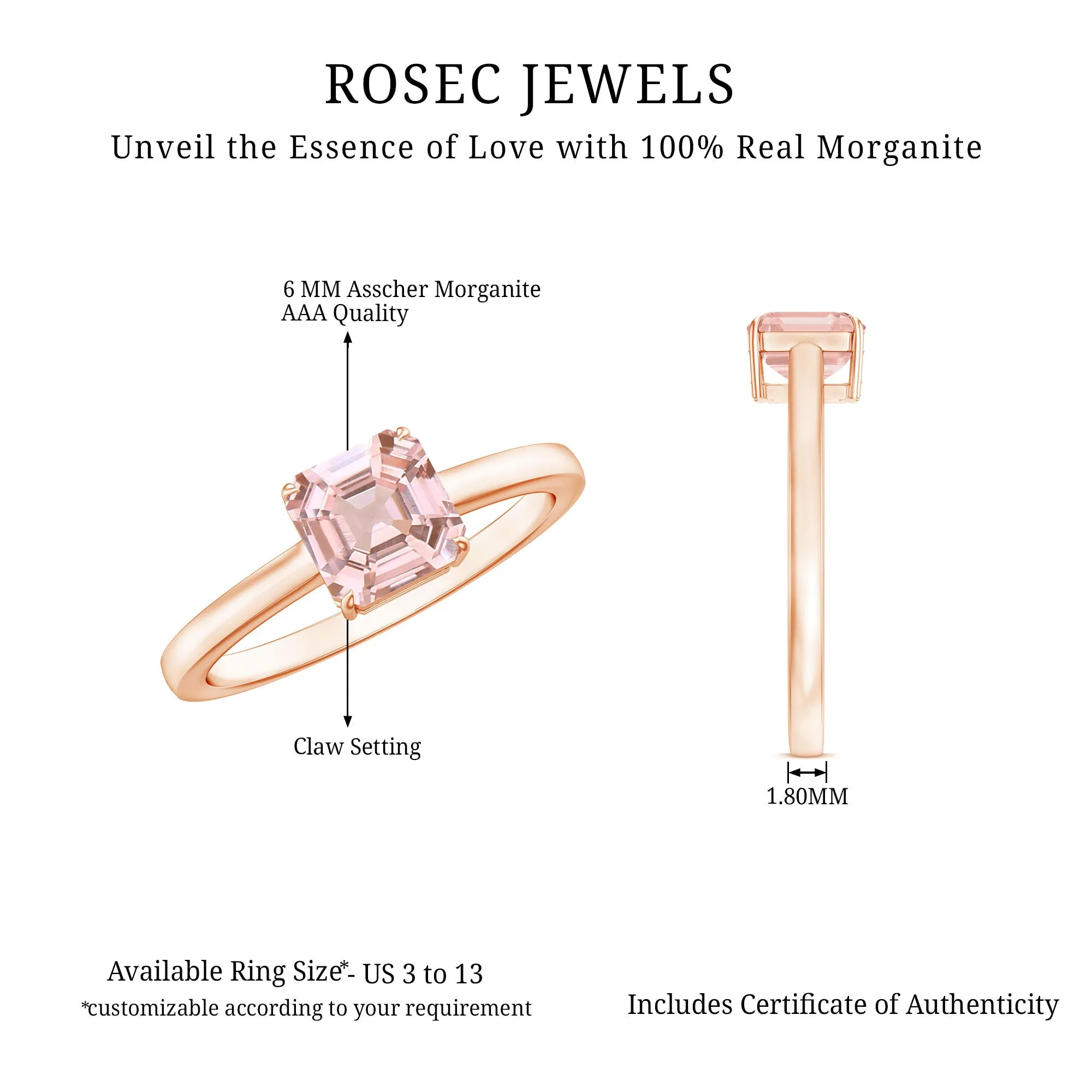 6 MM Asscher Cut Morganite Solitaire Ring for Women in Claw Setting with Gold Shank