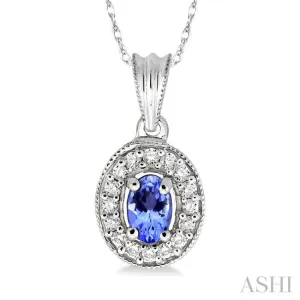 6x4 MM Oval Cut Tanzanite and 1/5 Ctw Round Cut Diamond Pendant in 14K White Gold with Chain