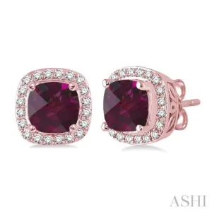 6x6  MM Cushion Shape Rhodolite Garnet and 1/4 Ctw Round Cut Diamond Earrings in 14K Rose Gold