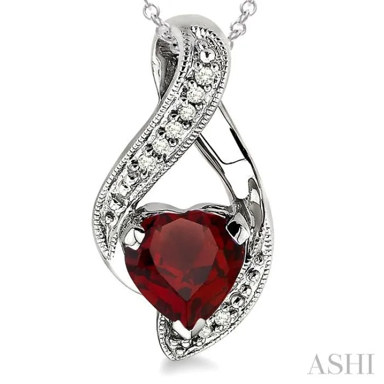 7x7MM Heart Shape Garnet and 1/20 Ctw Single Cut Diamond Pendant in Sterling Silver with Chain