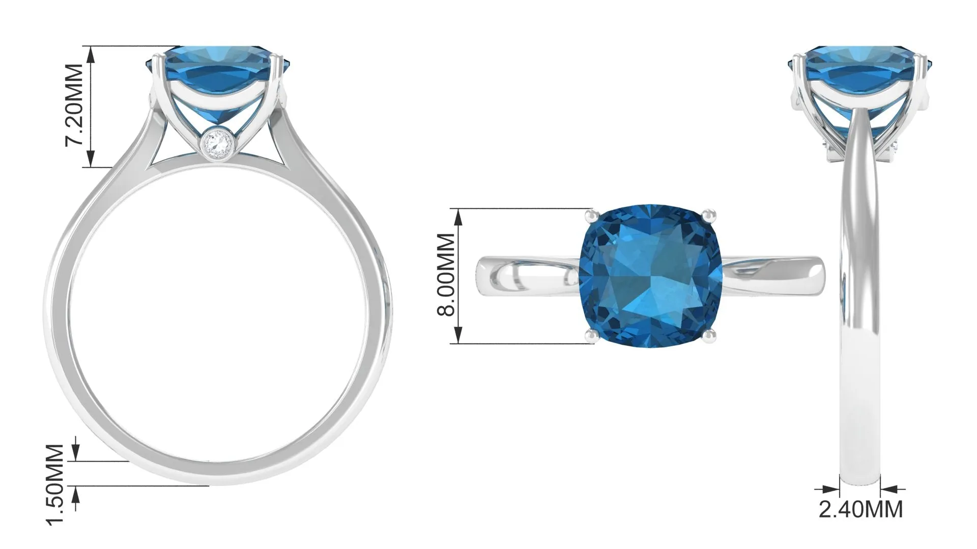 8.5 MM Cushion Cut London Blue Topaz Solitaire with Diamond Ring