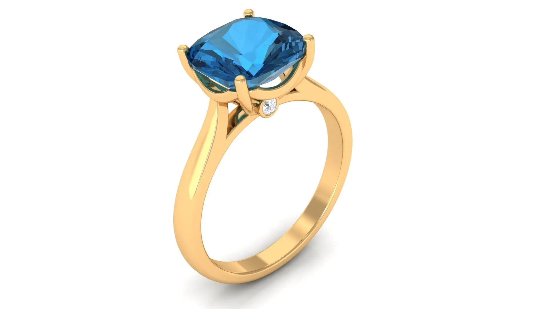 8.5 MM Cushion Cut London Blue Topaz Solitaire with Diamond Ring