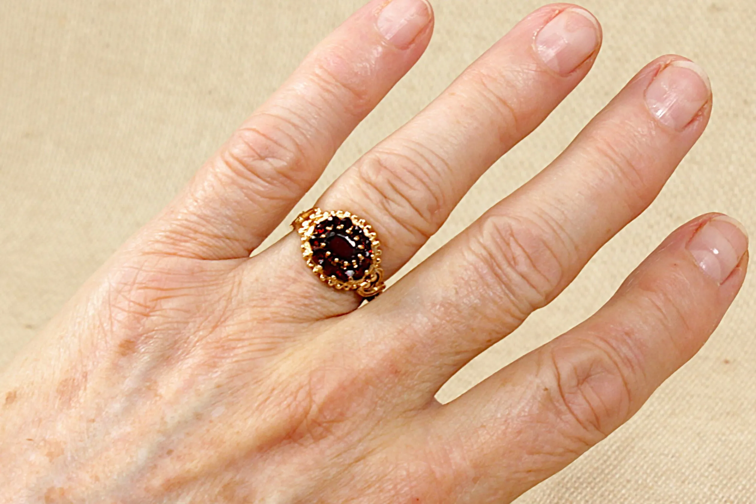 9ct Gold & Garnet Cluster Ring Bohemian style