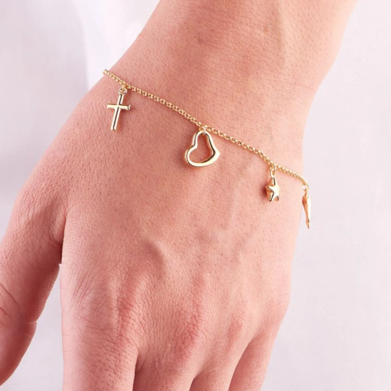 9ct Yellow Gold Silver Filled 19cm Cross Heart Star Bracelet