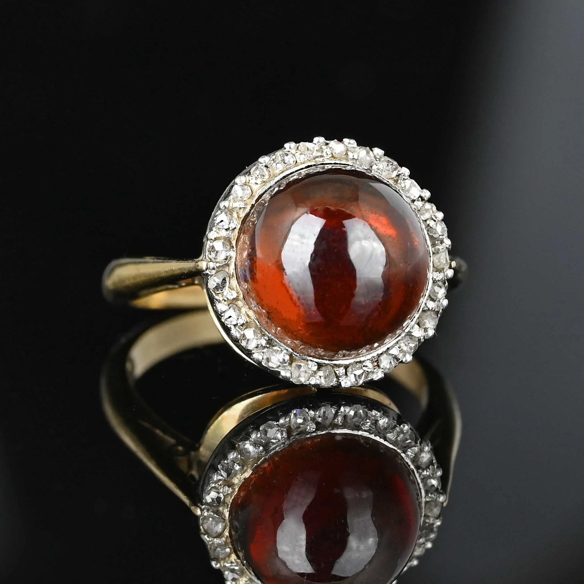 Antique Rose Cut Diamond Halo Garnet Cabochon Ring